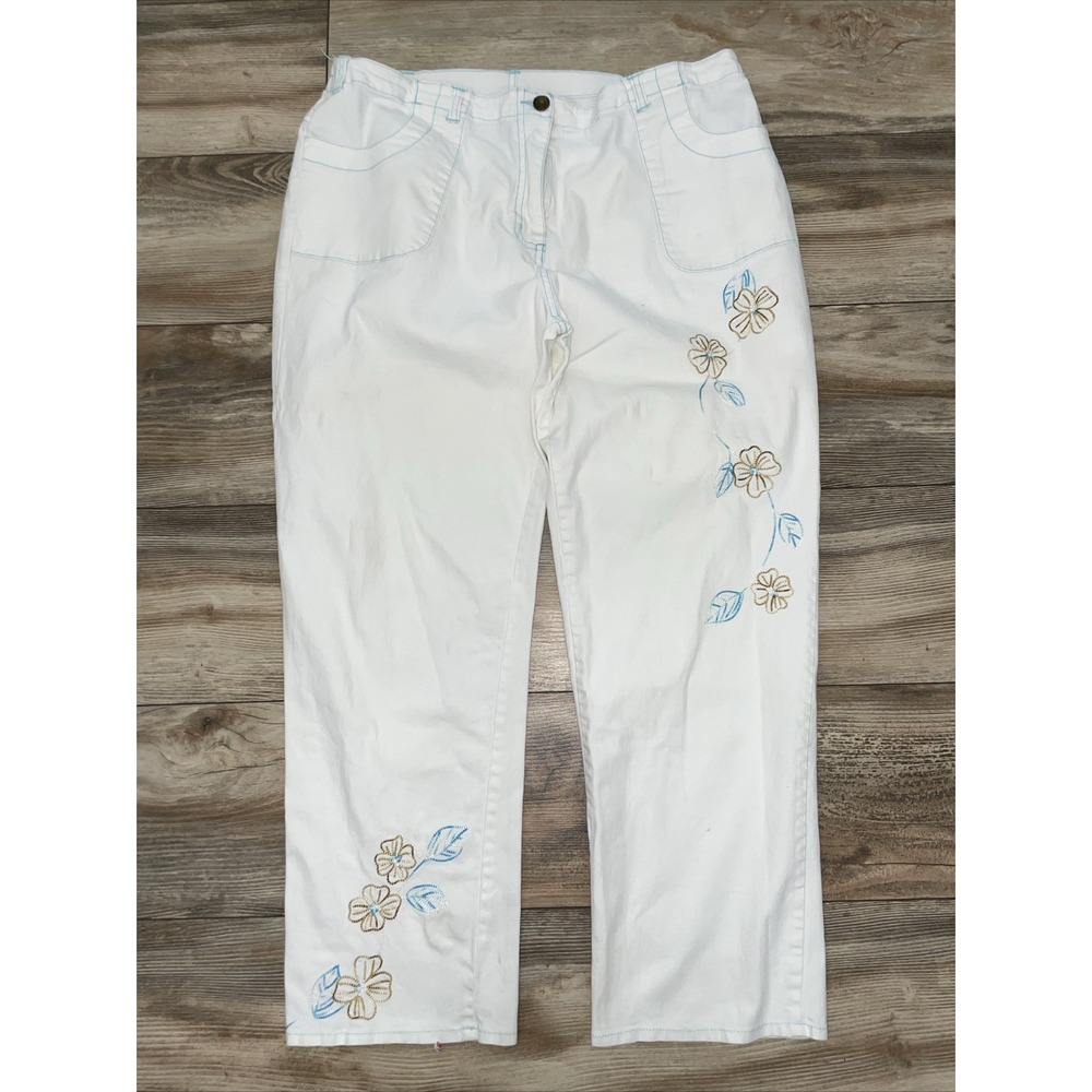 Denim & Co White Denim Pants Embroidered Stretch Waist Size 1X Wide Leg